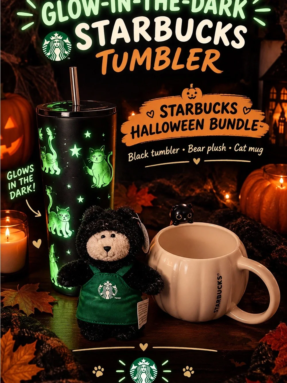 Starbucks Glow-In-The-Dark Black Halloween Tumbler Bundle